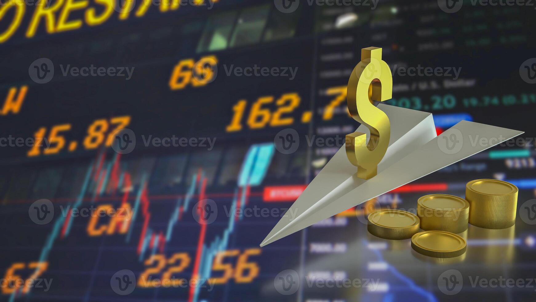 The Gold Dollar symbol on paper plane for Business concept 3d rendering. photo