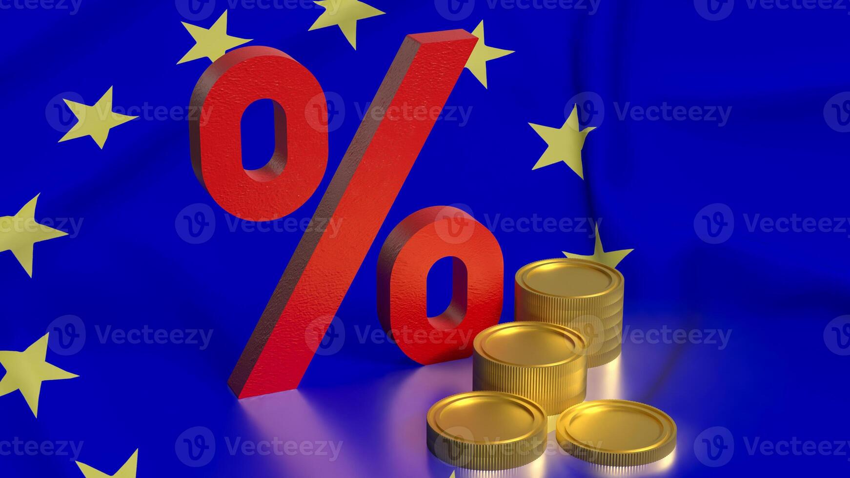 The percent and coins on euro flag Background 3d rendering. photo