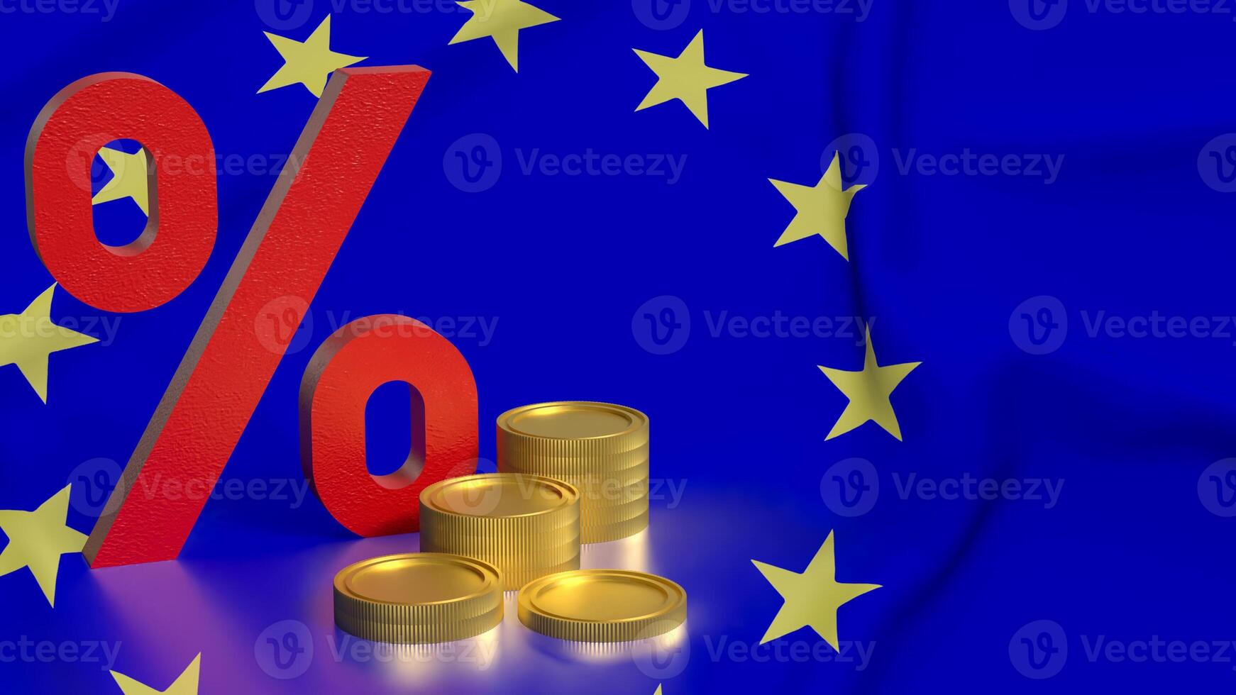 The percent and coins on euro flag Background 3d rendering. photo