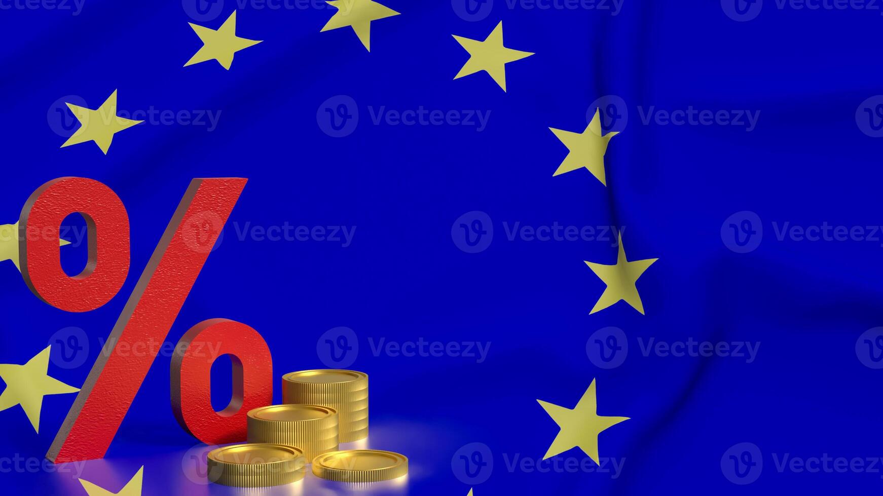 The percent and coins on euro flag Background 3d rendering. photo