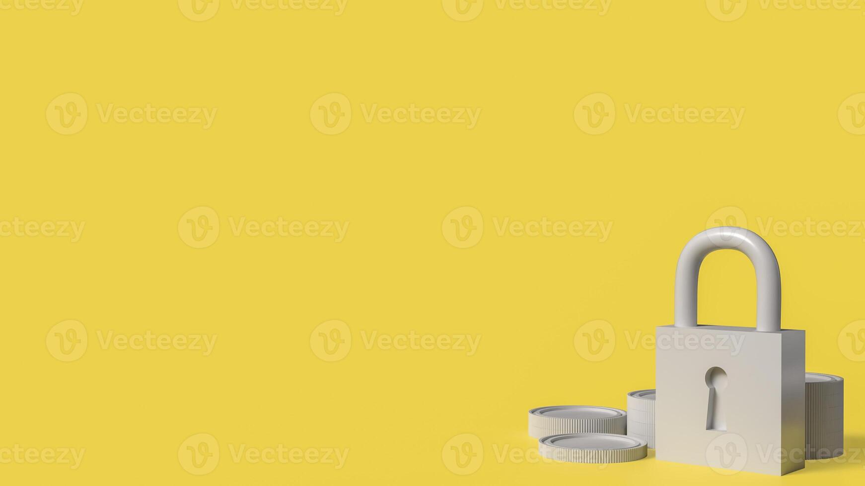 The Lock key and coins on yellow color background for security concept 3d rendering, photo