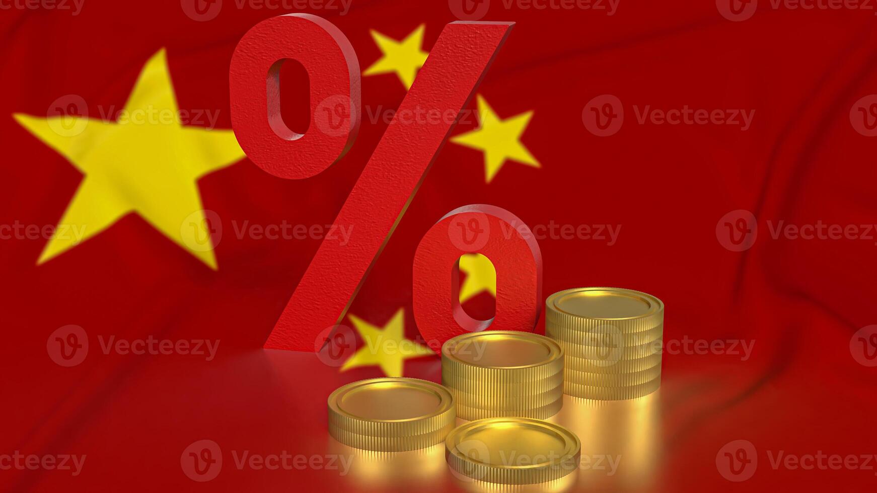 The percent and coins on china flag Background 3d rendering. photo
