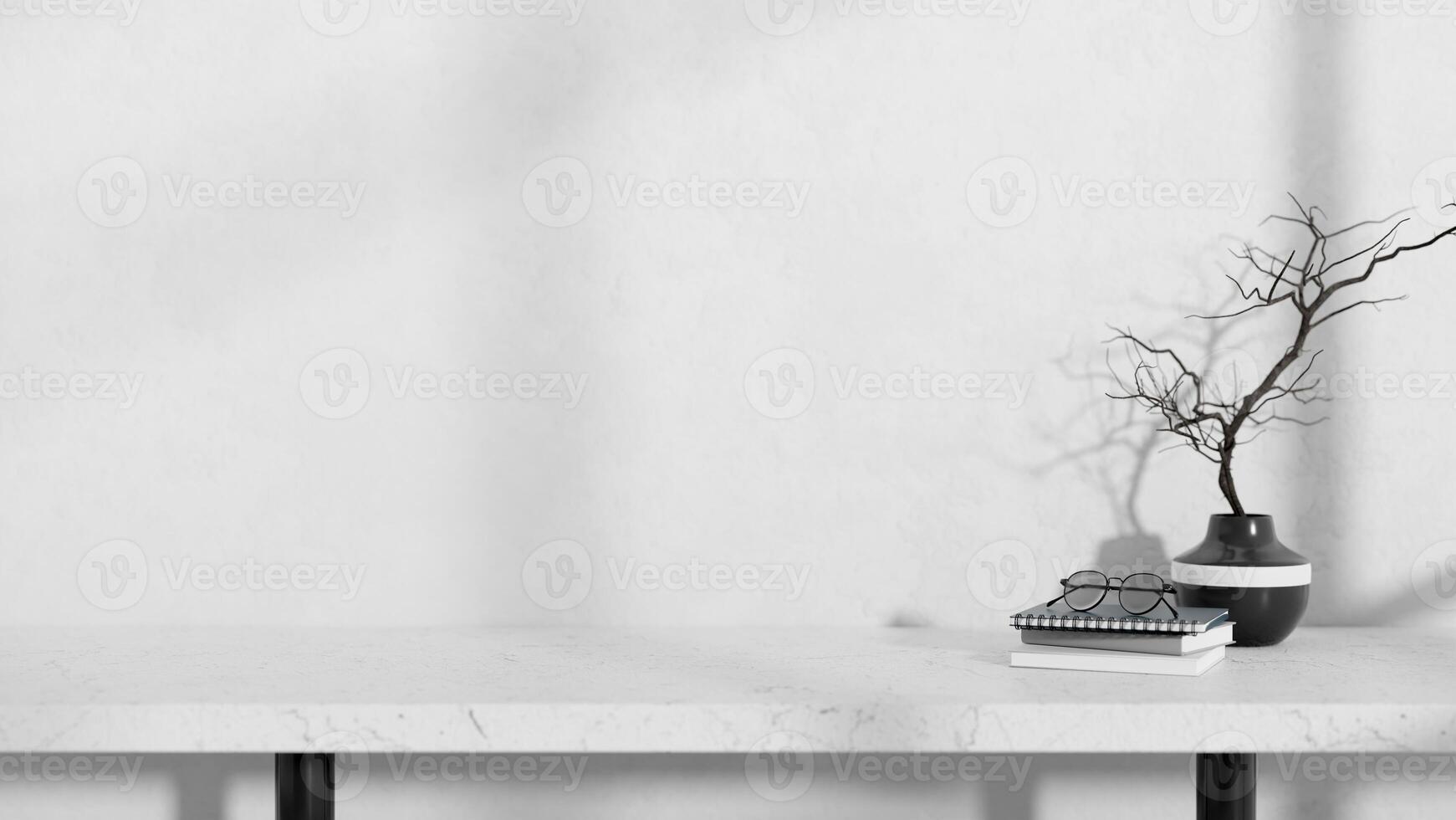 A close-up of a product display space on a minimal white marble console table against a white wall. photo
