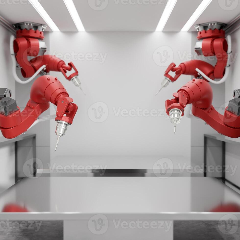 A space on a metallic table surface with red robotic arms surrounding it in a modern factory. photo