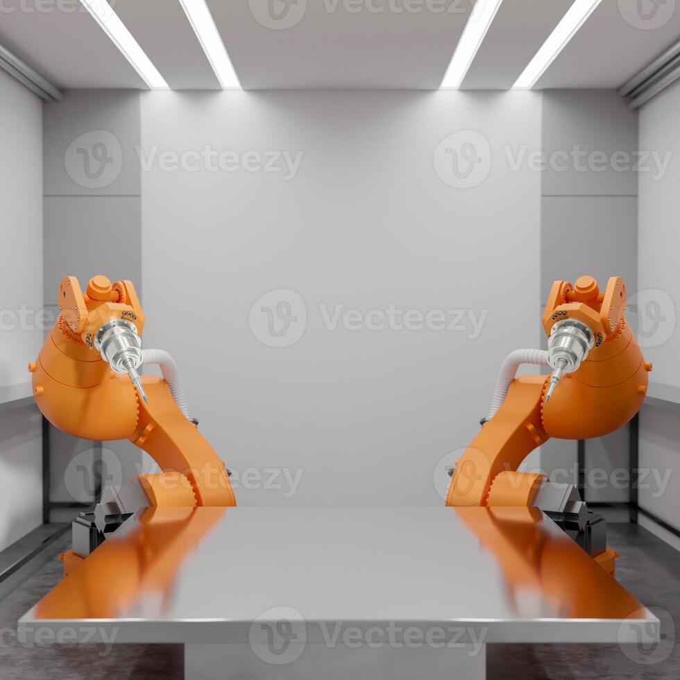 A space on a metallic table surface with robotic arms surrounding it in a modern factory. photo