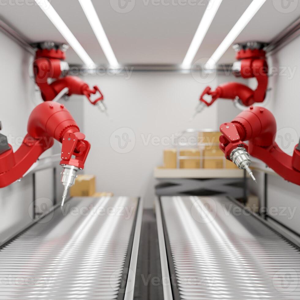 Red robotic assembly arms in a production line over double conveyor belts in a modern factory. photo