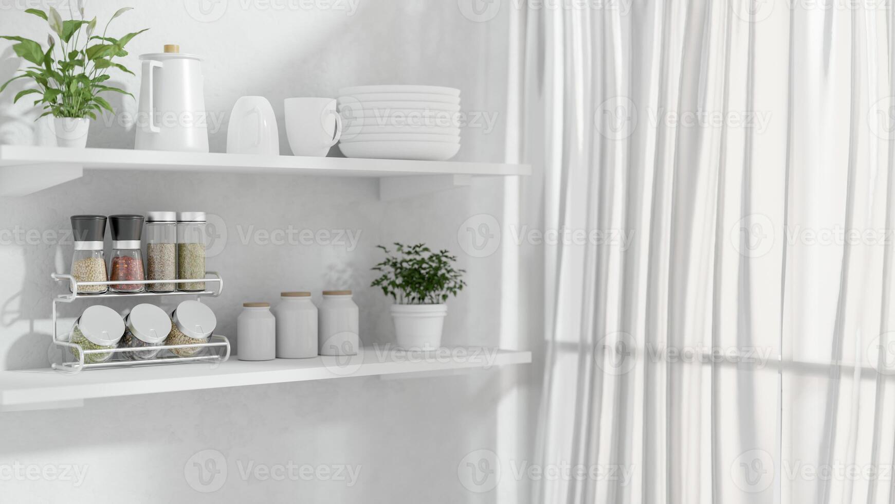 A close-up of a seasoning storage shelf on a white wall shelf by the window in a white room. photo