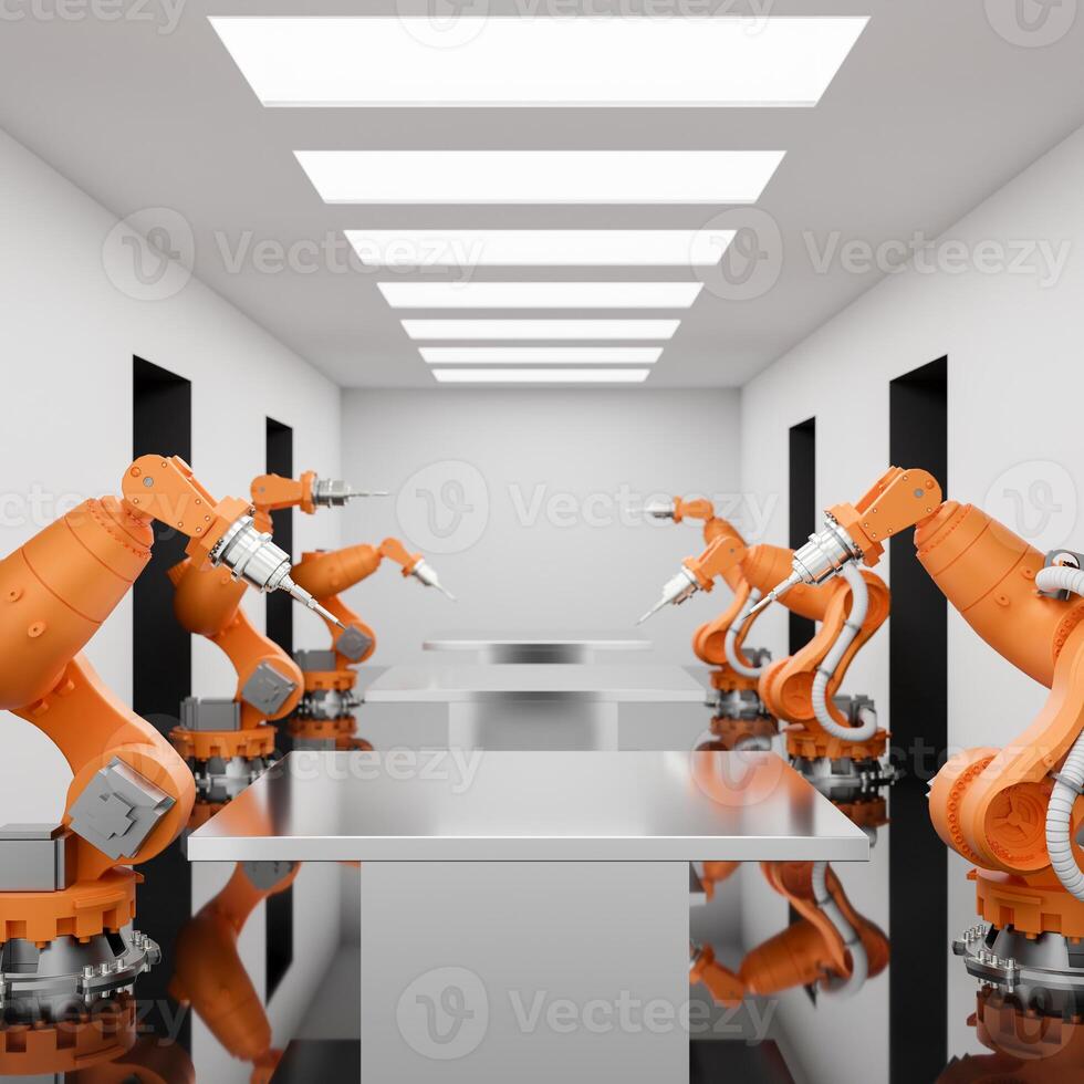 A space for displaying products on a metallic table surface with robotic arms. photo