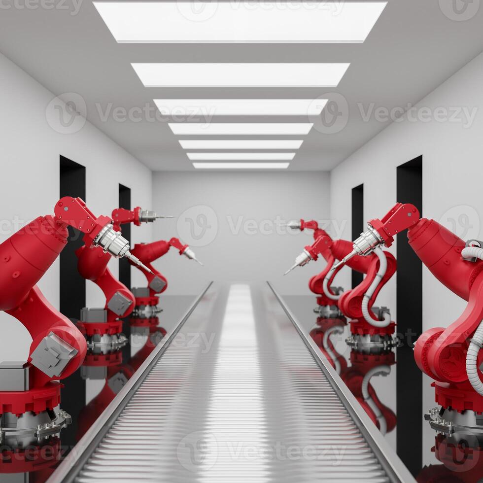 Red robotic assembly arms in a production line over a conveyor belts in a modern factory. photo