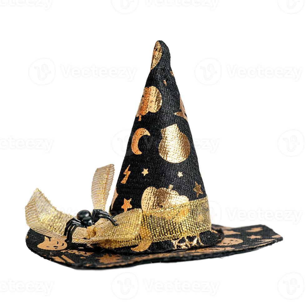 Black witch hat with spider isolated photo