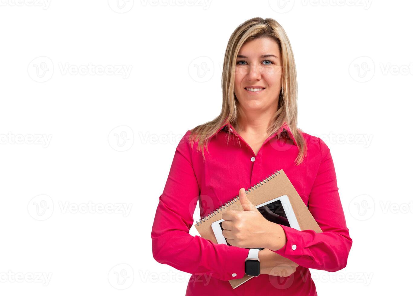 Business woman with tablet and book isolated photo