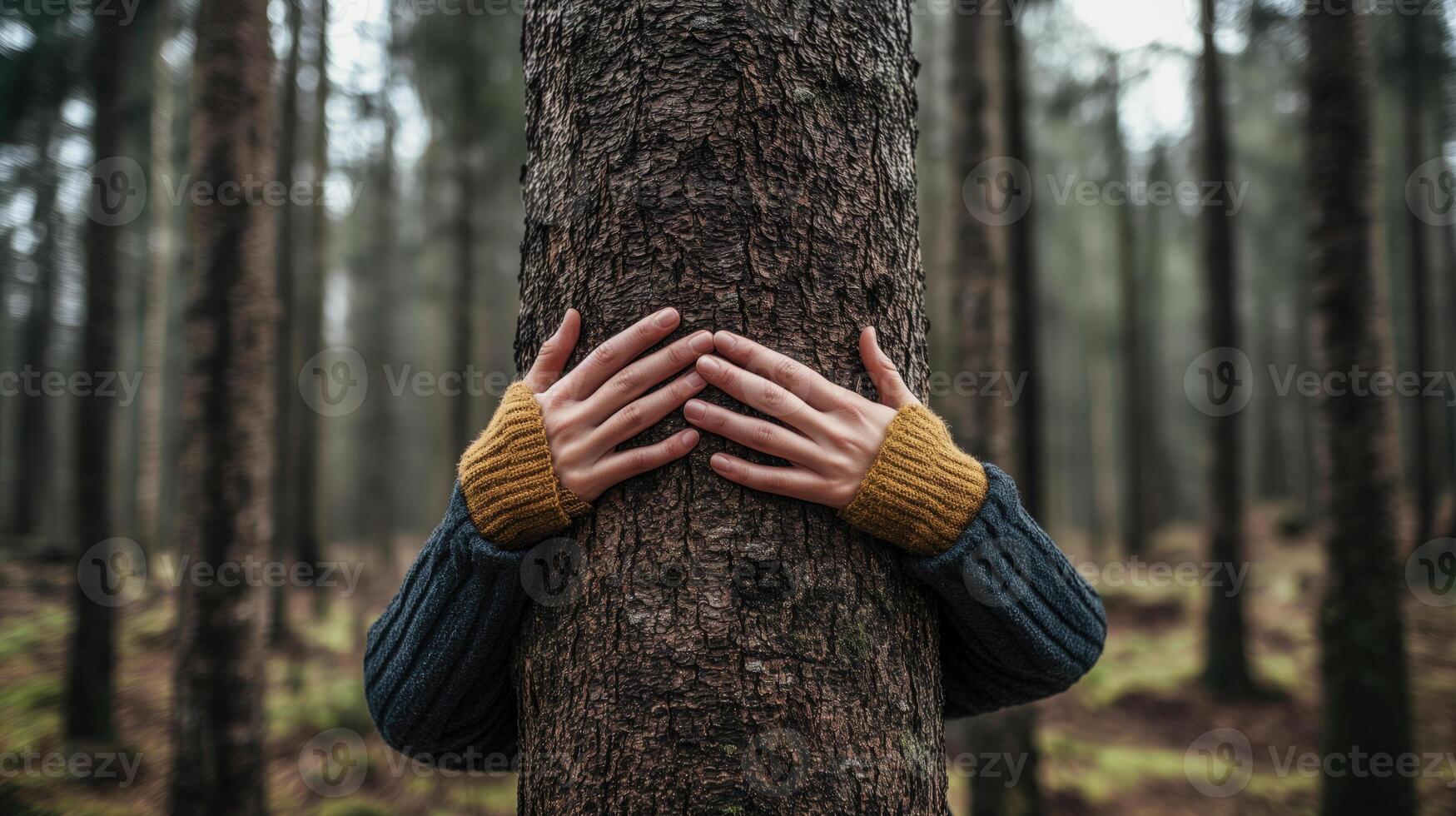 Woman hugging a tree in a forest photo