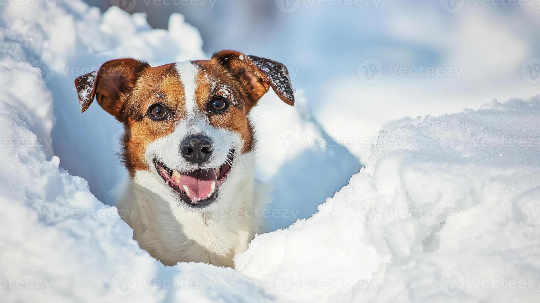 Happy dog playing in snow in winter photo