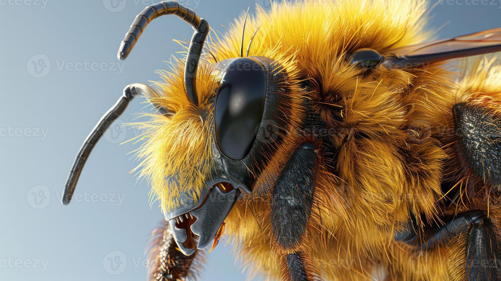 A close-up of a fuzzy bee with its antennae extended and large, dark eyes. photo