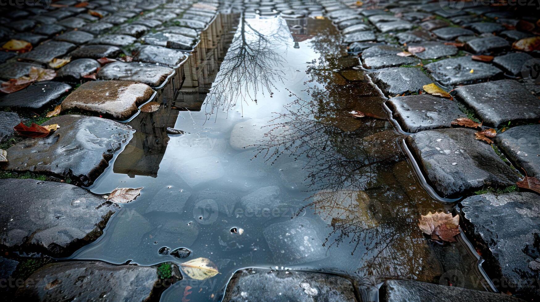 A puddle reflecting a tree and building on a cobblestone street with autumn leaves. photo