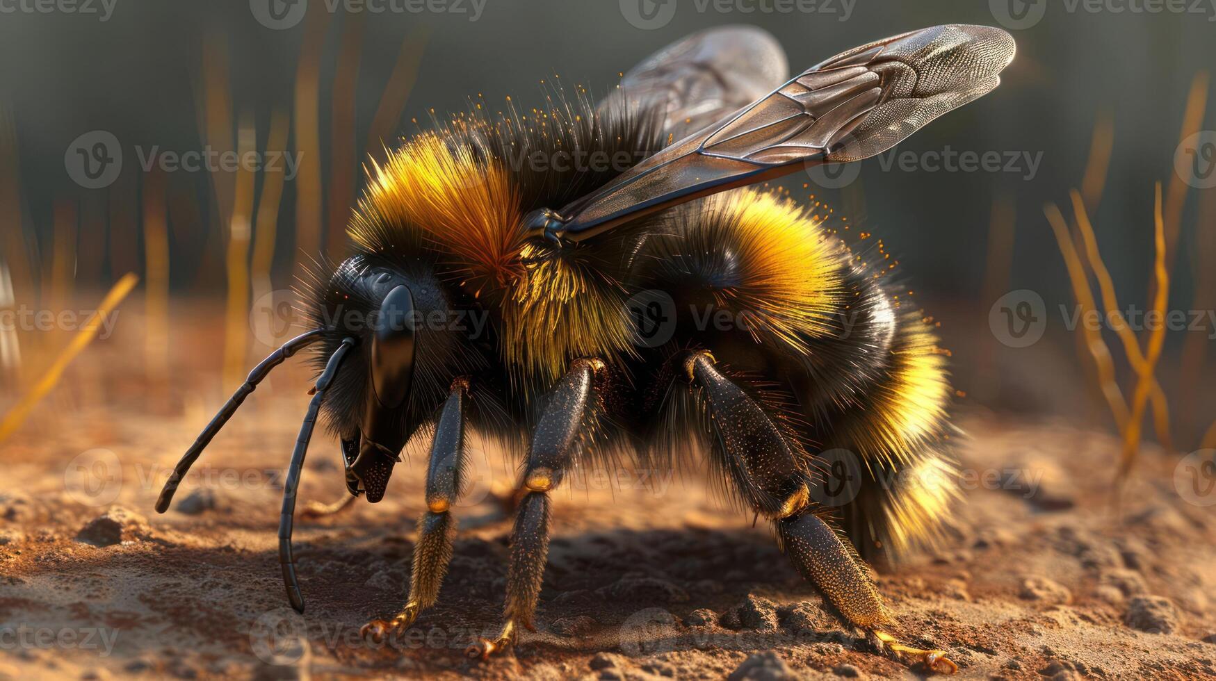 A close-up of a bumblebee with a fuzzy body and wings, perched on the ground. photo