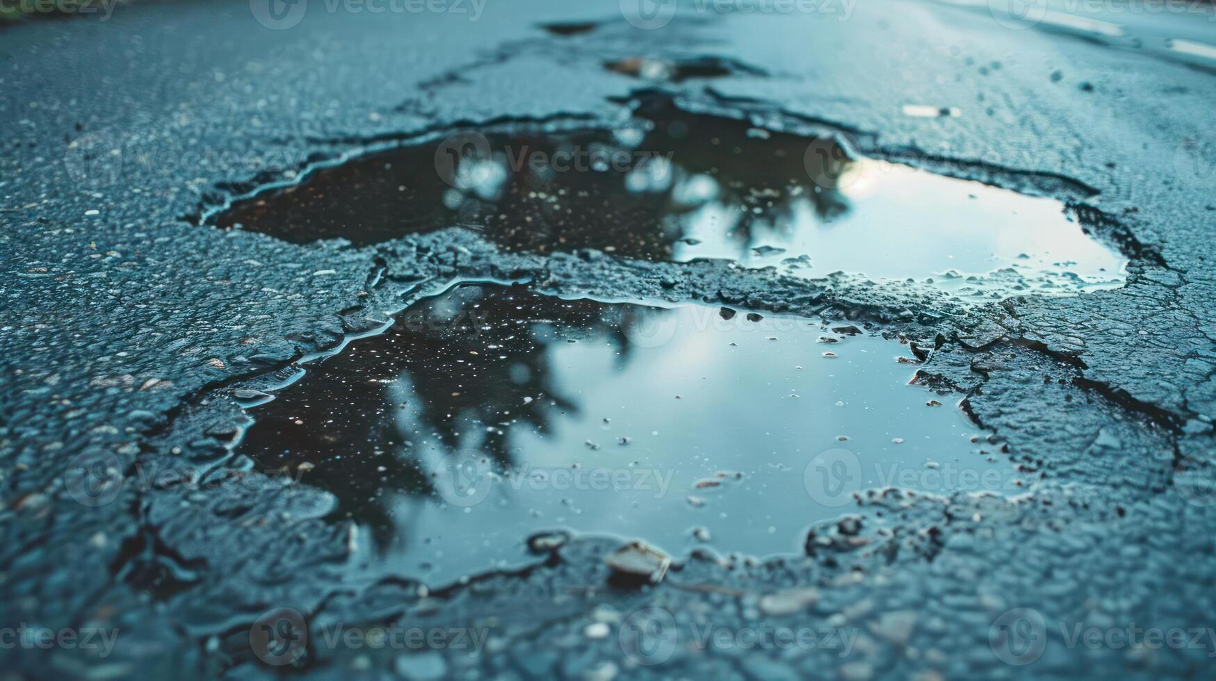 A puddle of water reflects the sky and trees on a wet asphalt road. photo