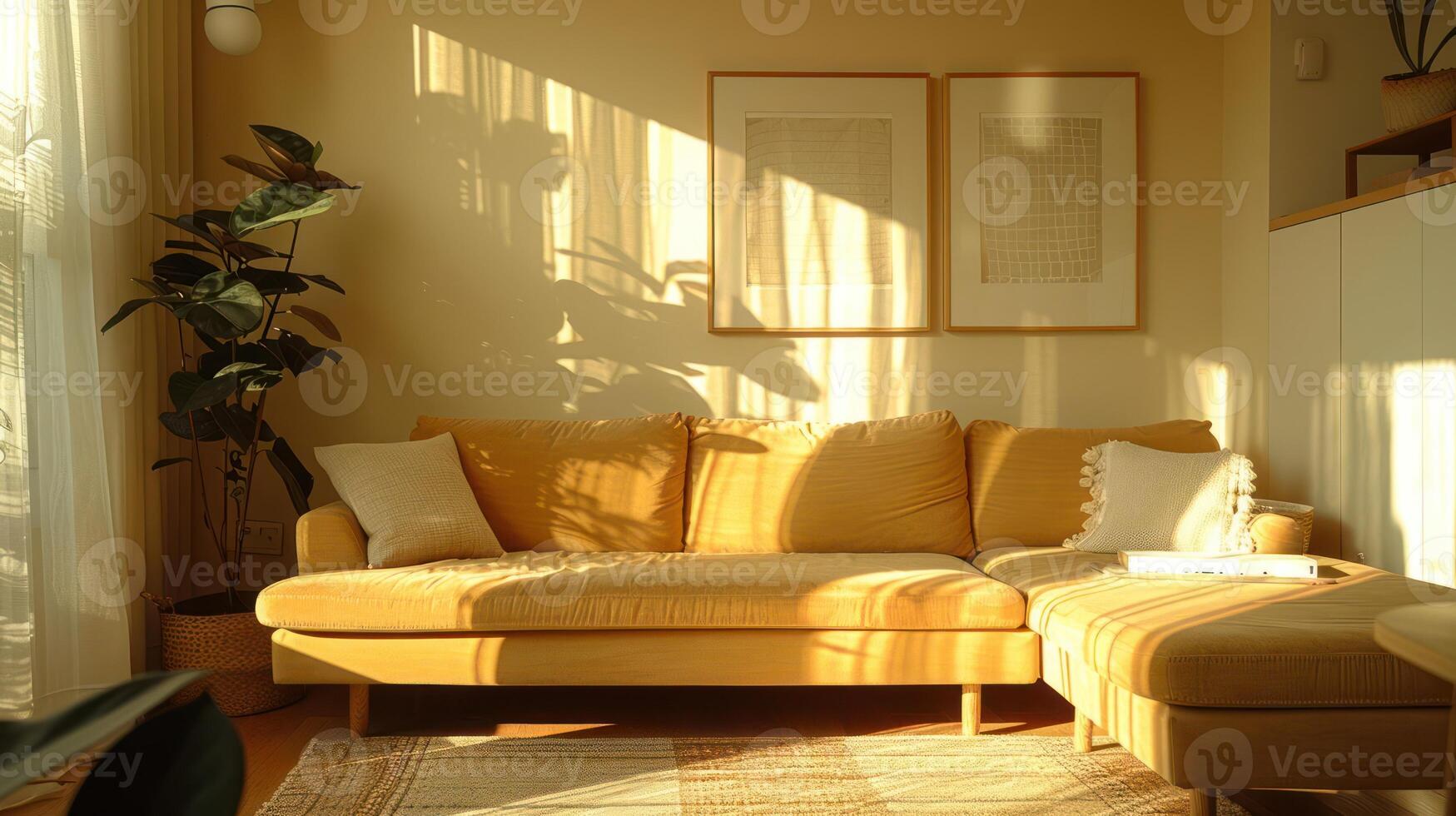 A bright living room with a yellow sectional sofa, two framed prints, and a potted plant. photo