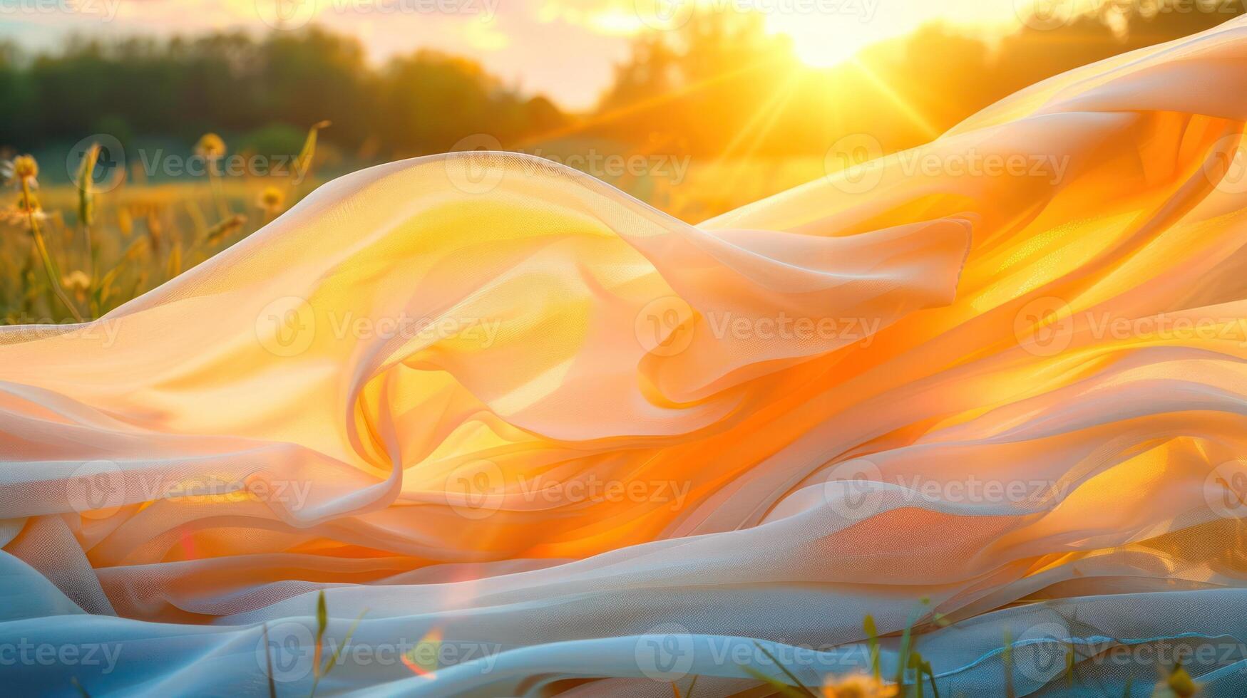 A white fabric flowing in the wind with golden sunlight shining through. photo