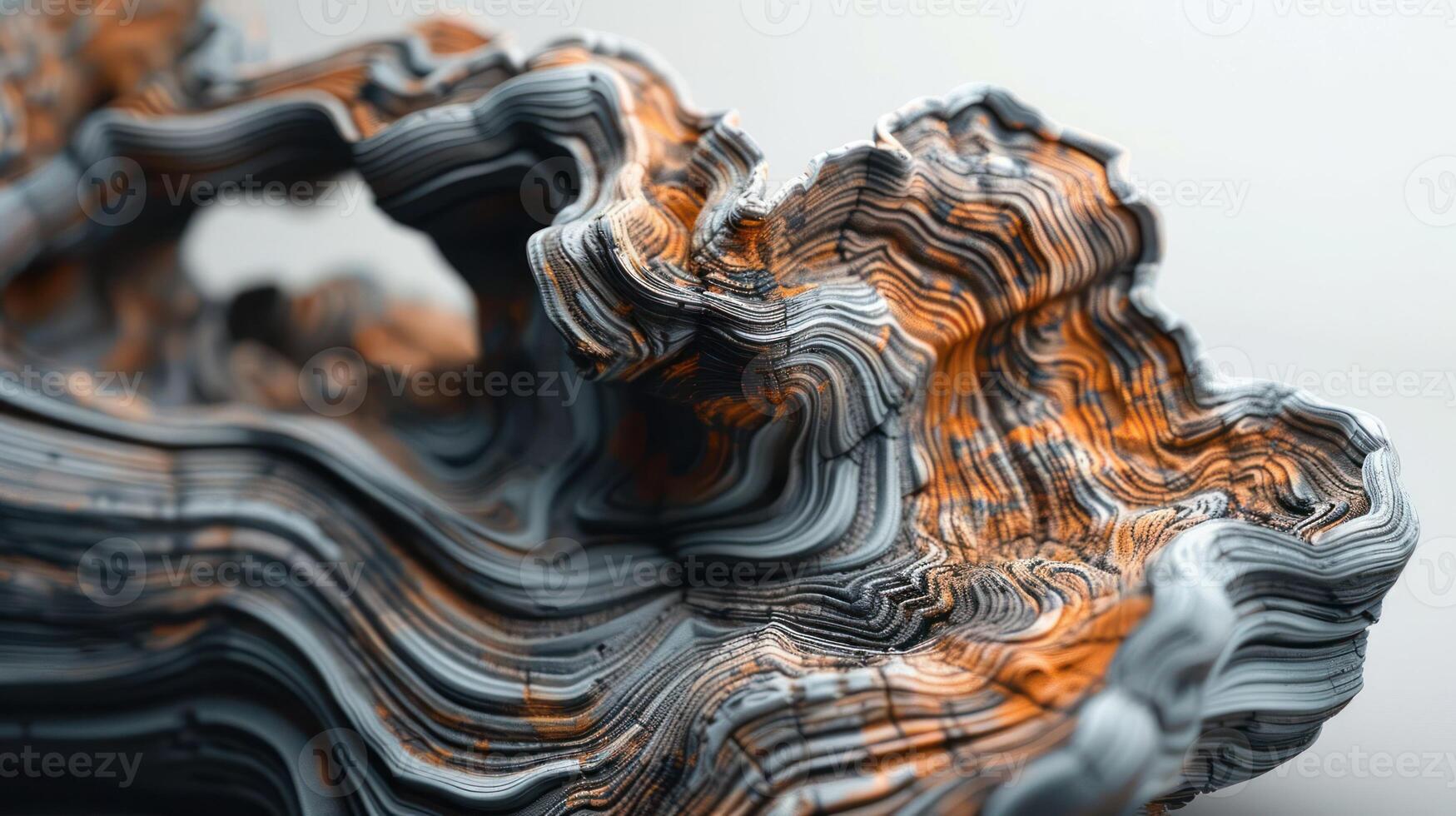 Abstract 3D rendering of a wavy, organic, textured form in gray and orange tones against a white background. photo