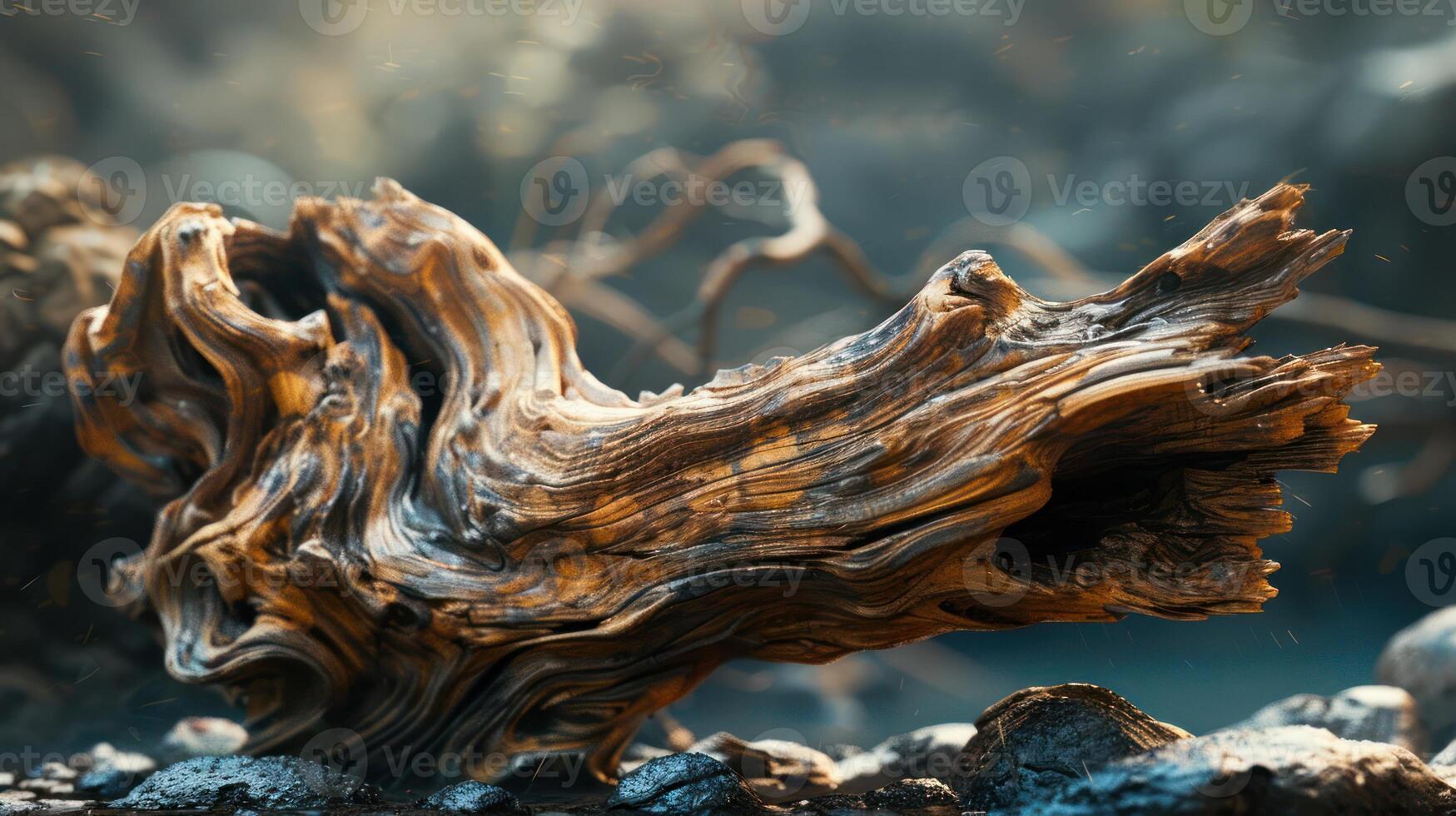 A weathered, gnarled driftwood branch with intricate grain patterns lies in a forest setting. photo