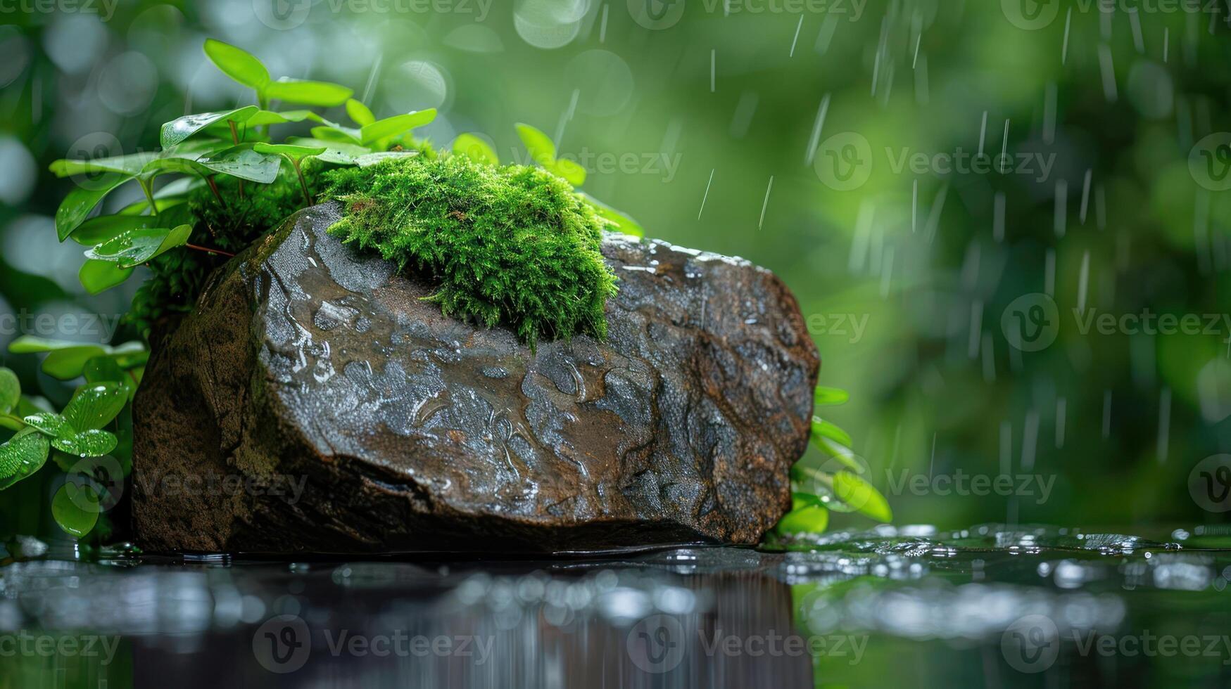 A mossy rock with green leaves in the rain, with a blurry background of green foliage and rain drops. photo