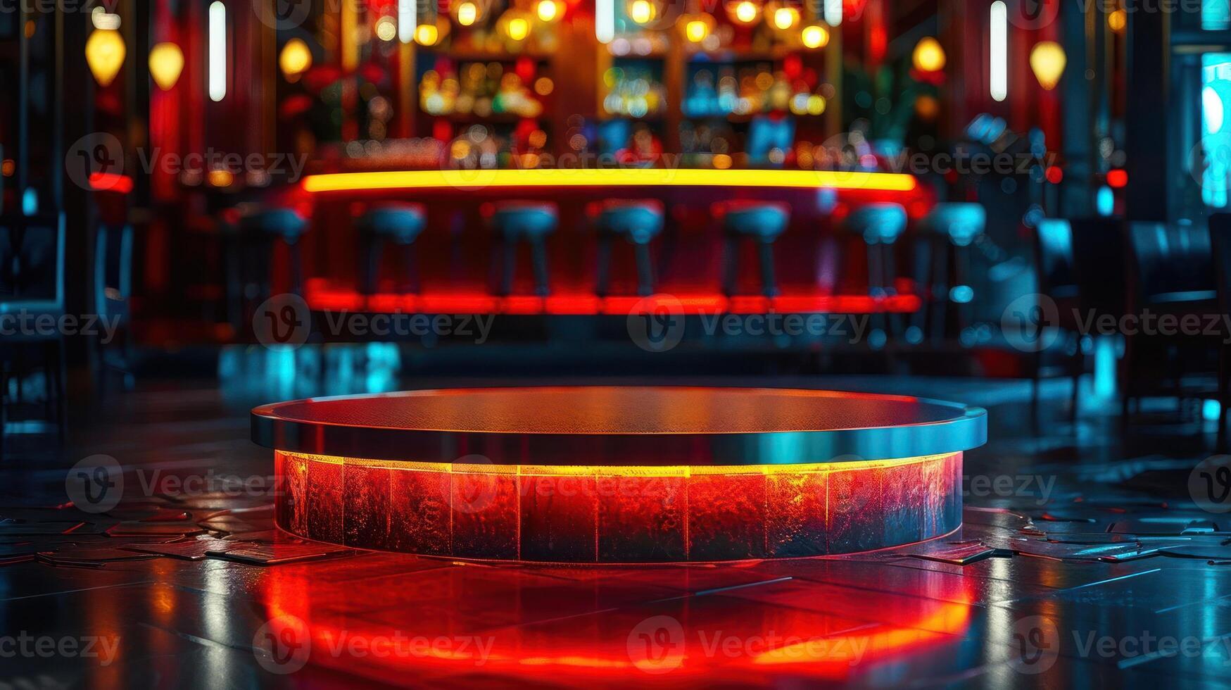Empty stage in a dimly lit bar with red and blue lighting. photo