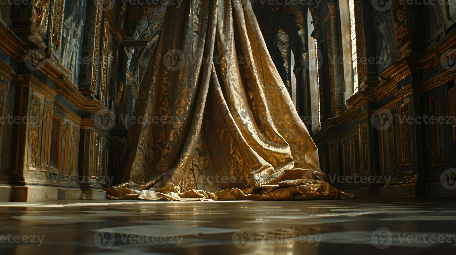 A dramatic and elegant shot of a gold curtain cascading down in a grand hall. The curtain is draped over a marble floor with a checkered pattern, creating a sense of majesty and grandeur. The sunlight streams through the windows, casting a warm glow on th photo