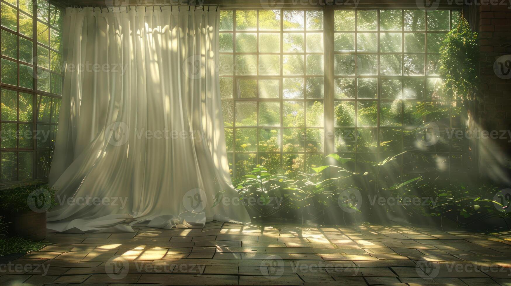 Sunlight streams through a large window in a greenhouse with white curtains. photo