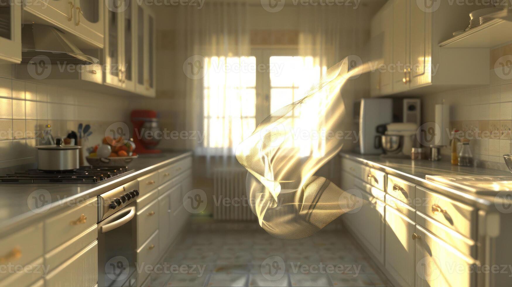 Sunlight streams through a window in a modern kitchen with white cabinets and stainless steel appliances. photo
