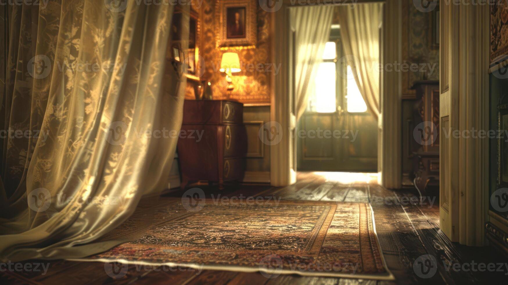 A vintage hallway with patterned curtains, a rug, and a glimpse of sunlight through an open door. photo