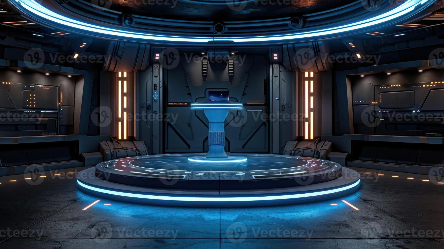 Futuristic interior with a glowing podium and a circular platform. photo