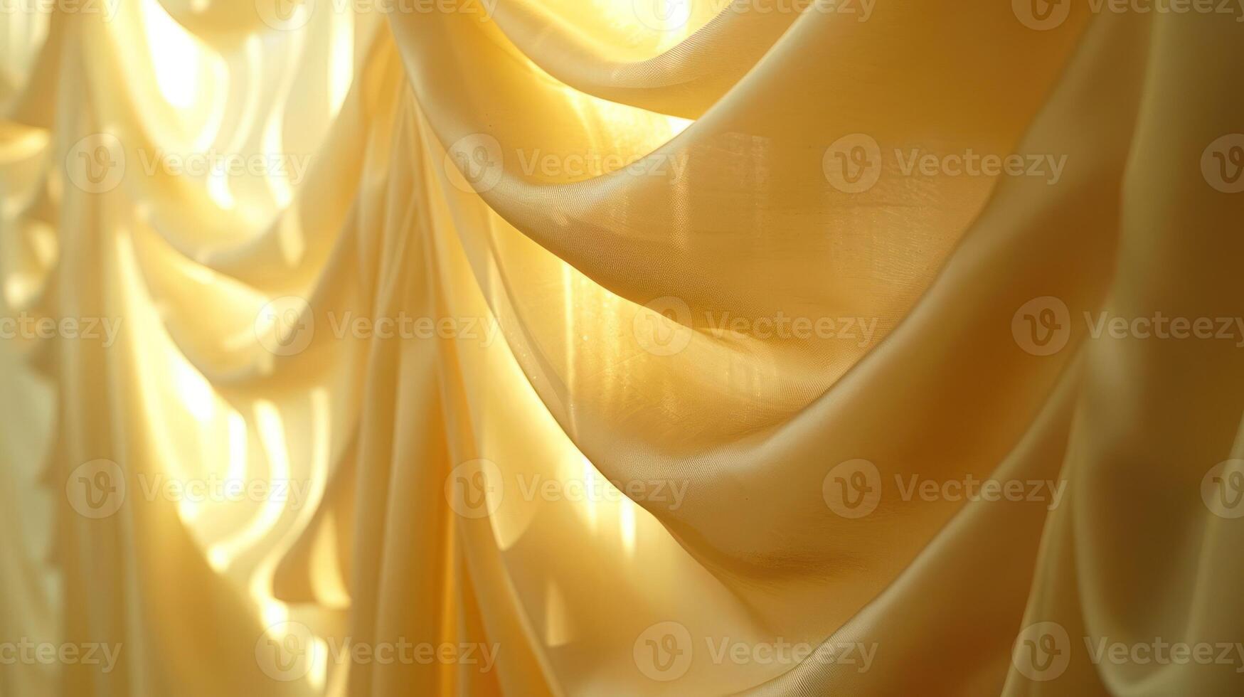 Close-up of golden fabric drapes with sunlight streaming through. photo