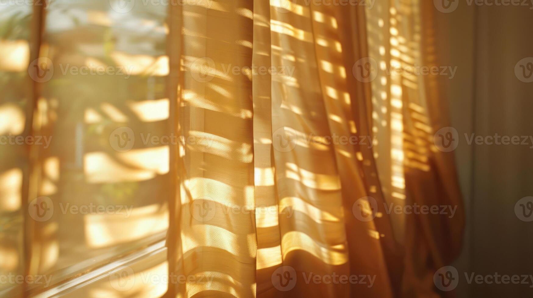 Sunlight streams through sheer curtains, casting warm, striped patterns on the fabric. photo