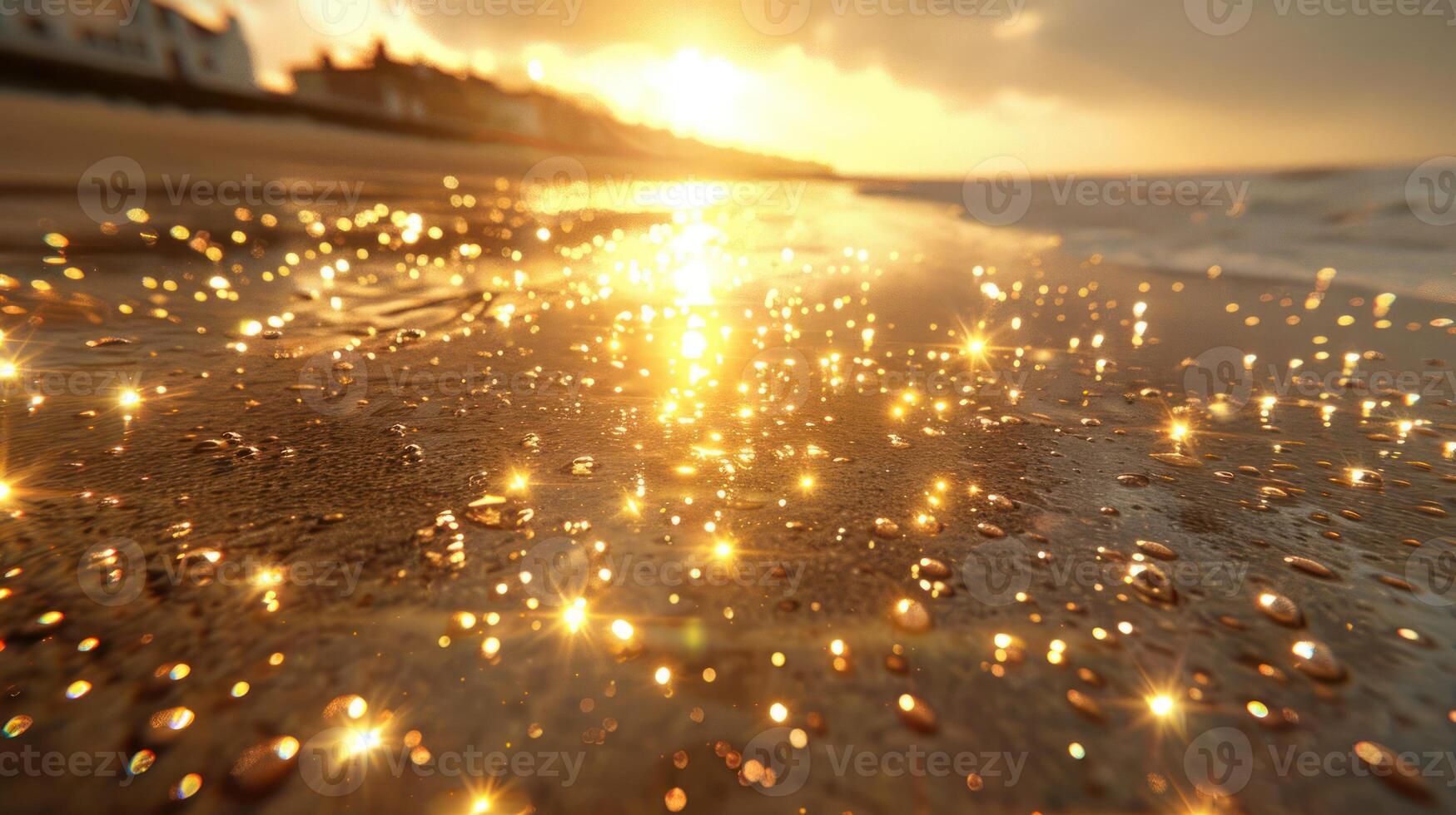 Golden sunset reflecting on wet sand with tiny waves and sun glare on the beach. photo