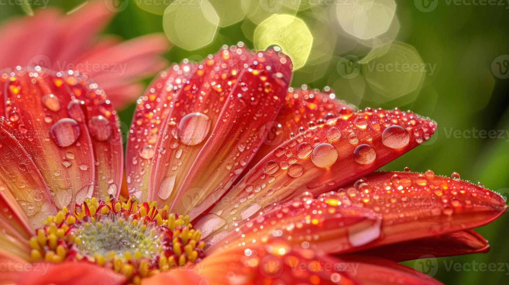 Close-up of a red gerbera daisy with dew drops on the petals. photo