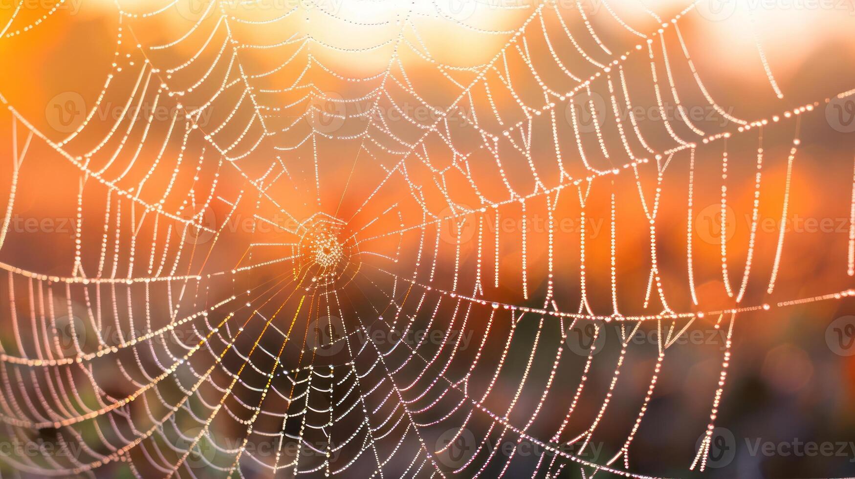 A spiderweb covered in morning dew, with a blurred background of a vibrant sunrise. photo