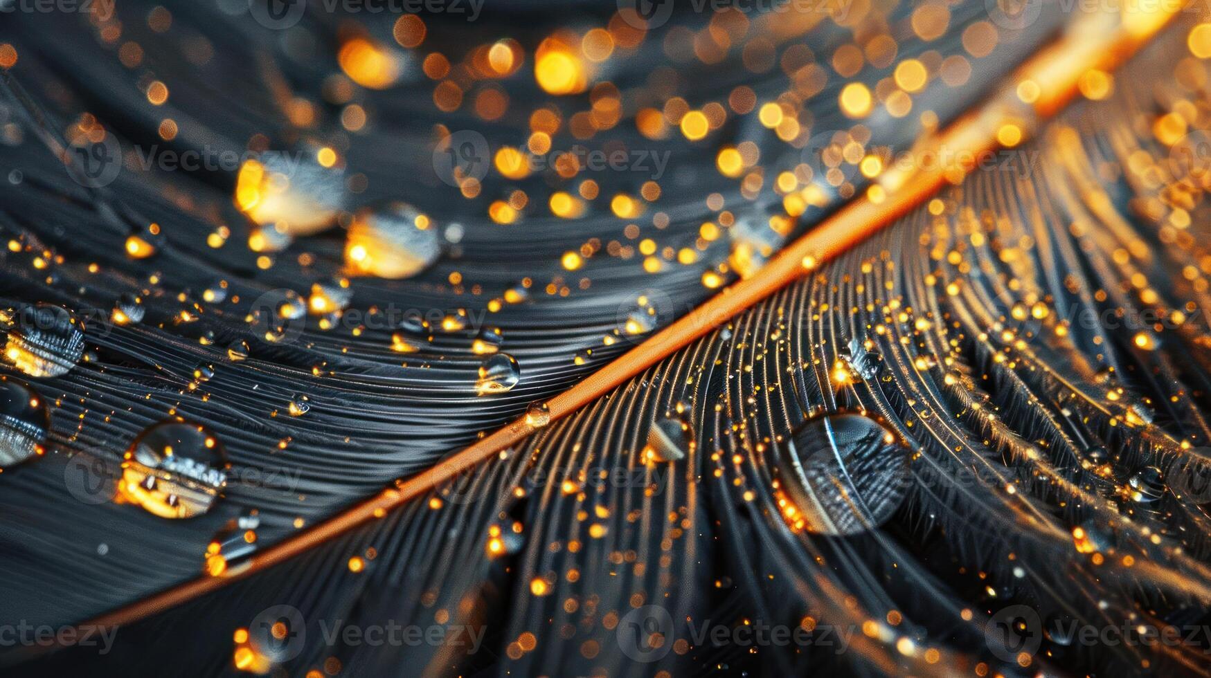 A close-up of a black feather with water droplets on it, illuminated by a warm, golden light. photo