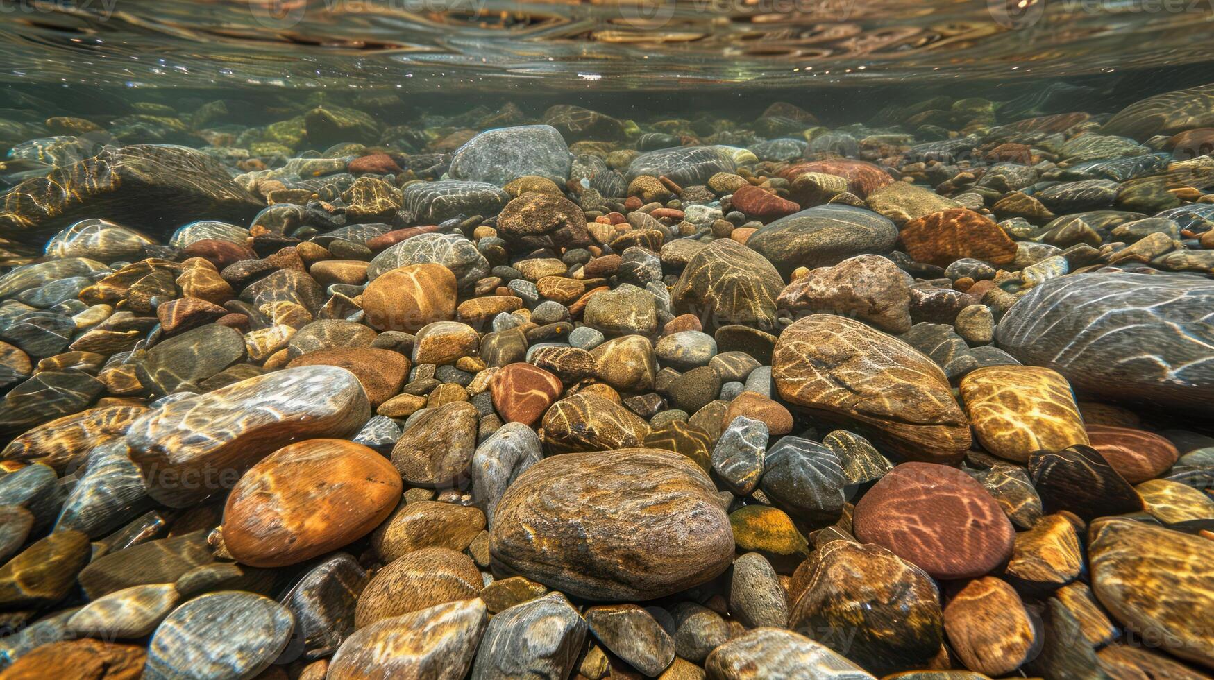 Underwater view of a riverbed with smooth, colorful rocks. photo
