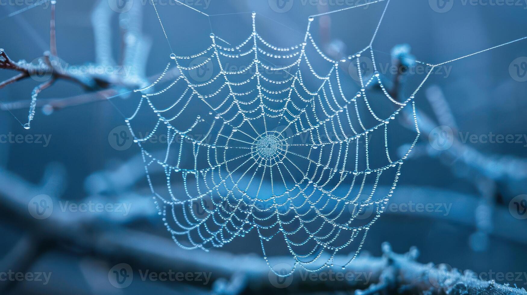 A spider web with dew drops on it, hanging between two branches. photo