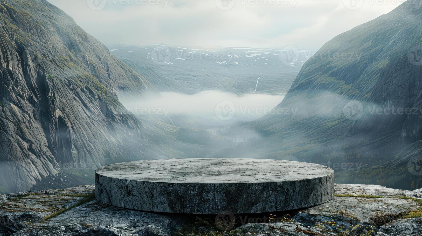 Stone platform on a mountain cliff overlooking a foggy valley. photo