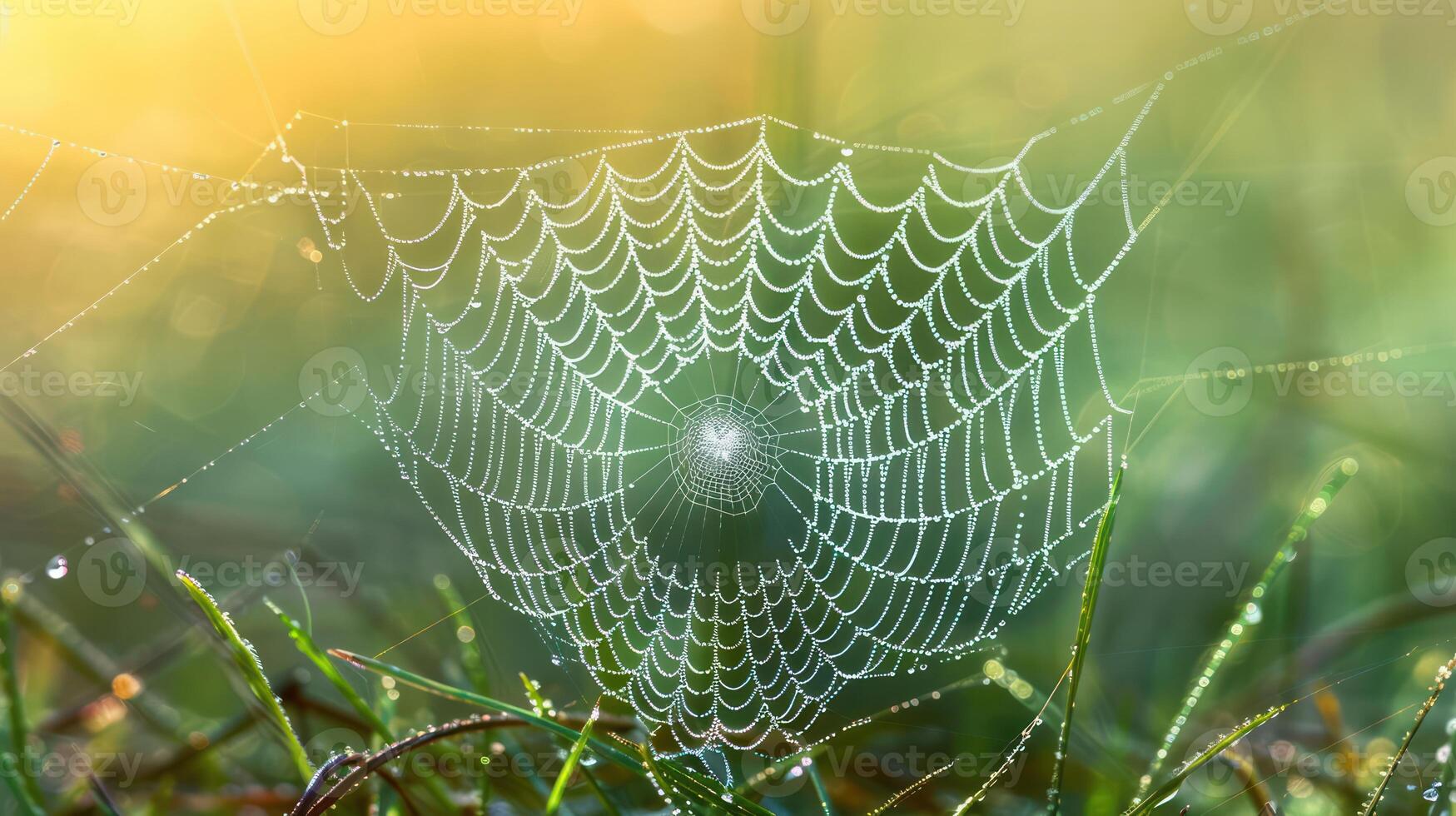 A spider web covered in dew drops in a field of grass. photo