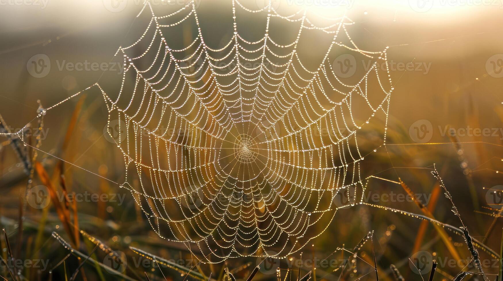A spiderweb covered in morning dew sparkles in the sunlight. photo