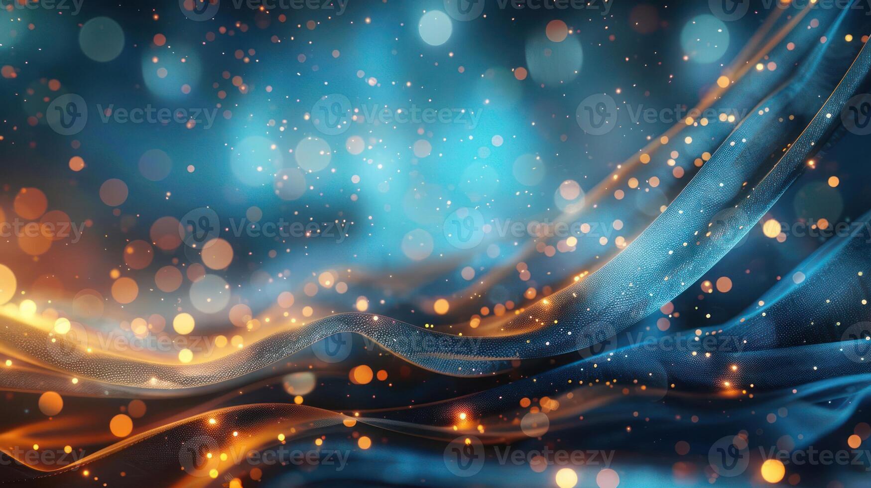 Abstract background with blue and orange glowing waves and bokeh lights. photo