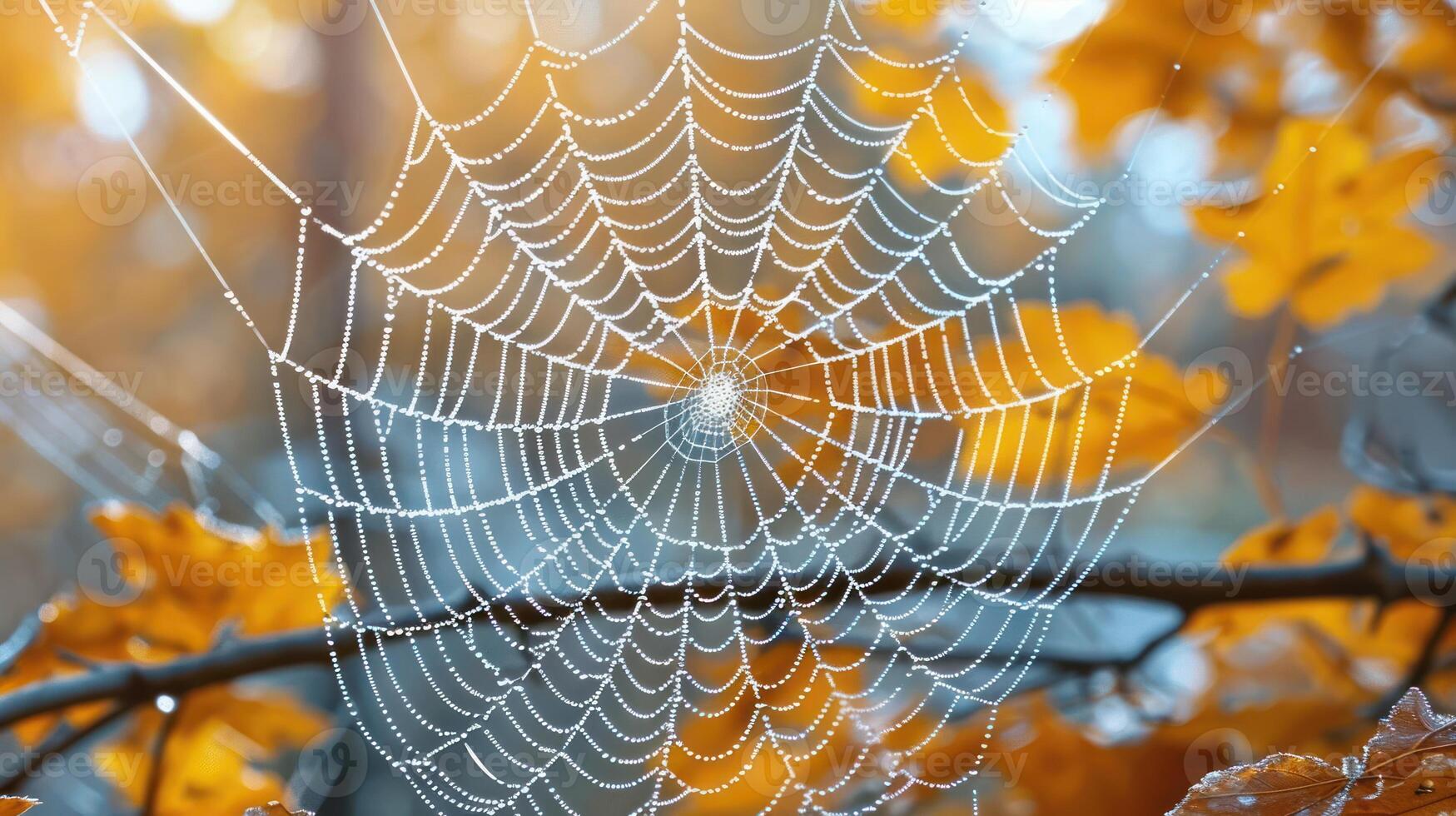 Dew-covered spiderweb with a blurred background of autumn leaves. photo