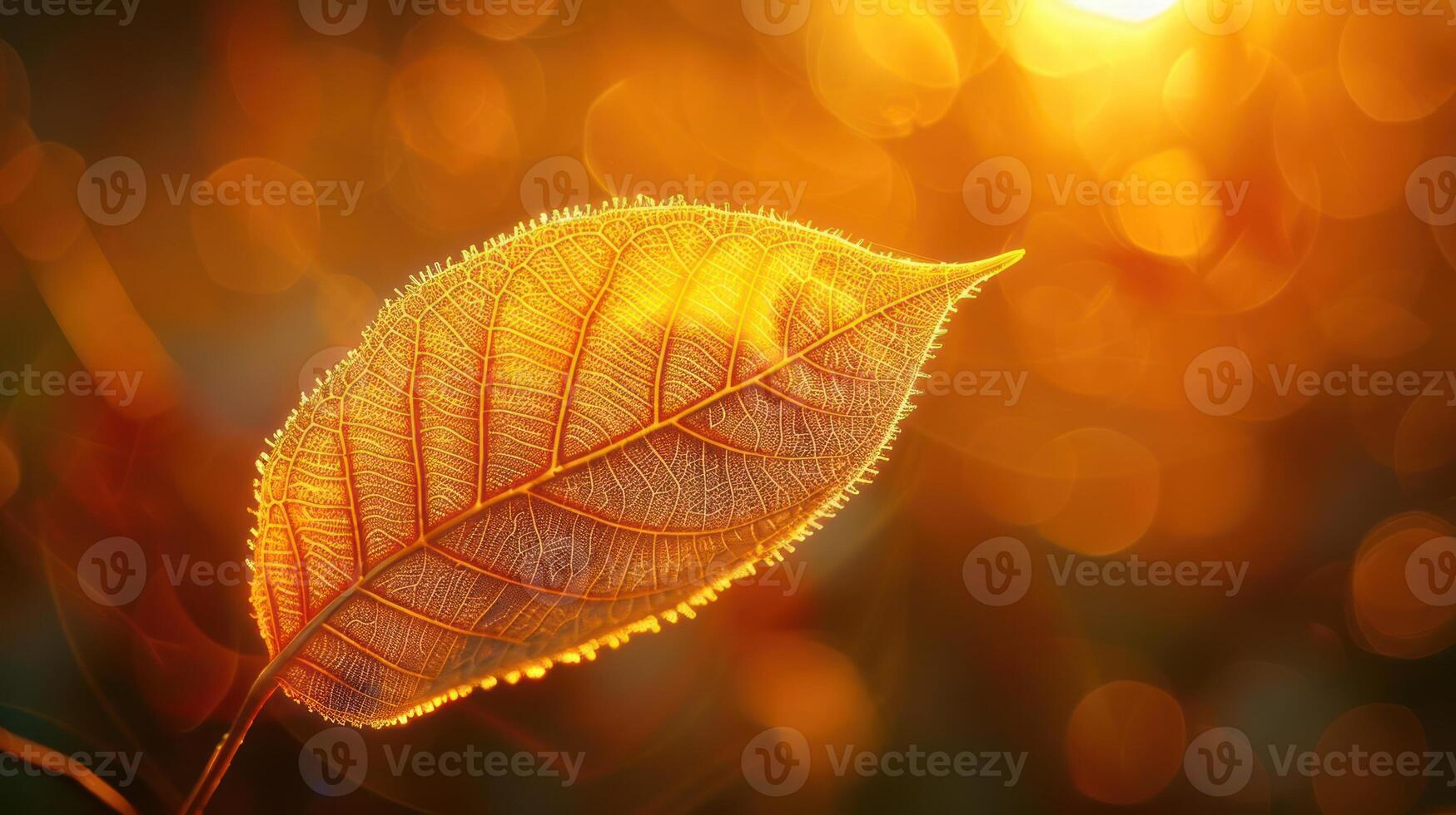 A single, golden leaf with intricate veins illuminated by the warm glow of the setting sun, creating a bokeh effect in the background. photo