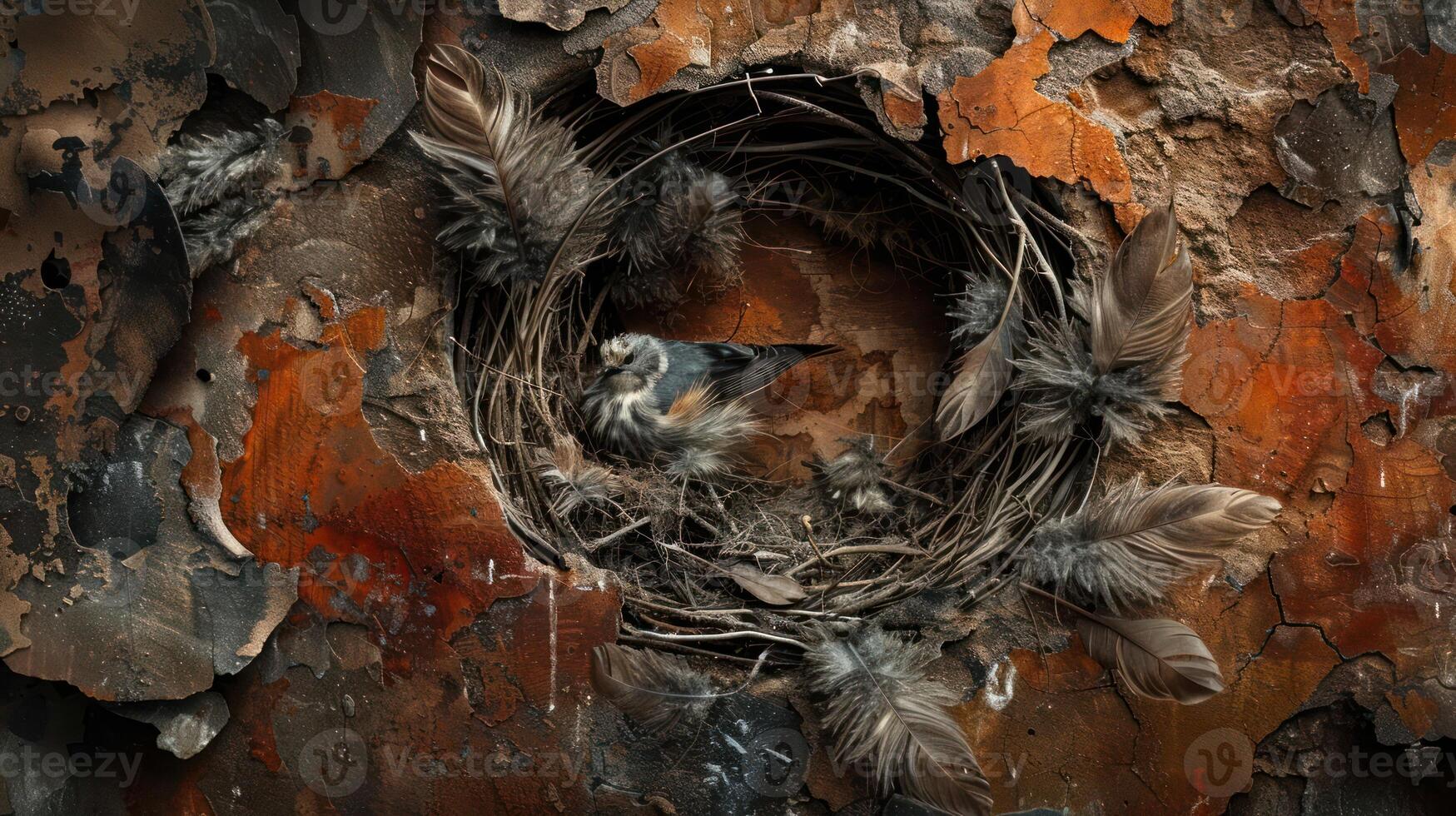 A small bird sits in a nest built into a crumbling wall. photo