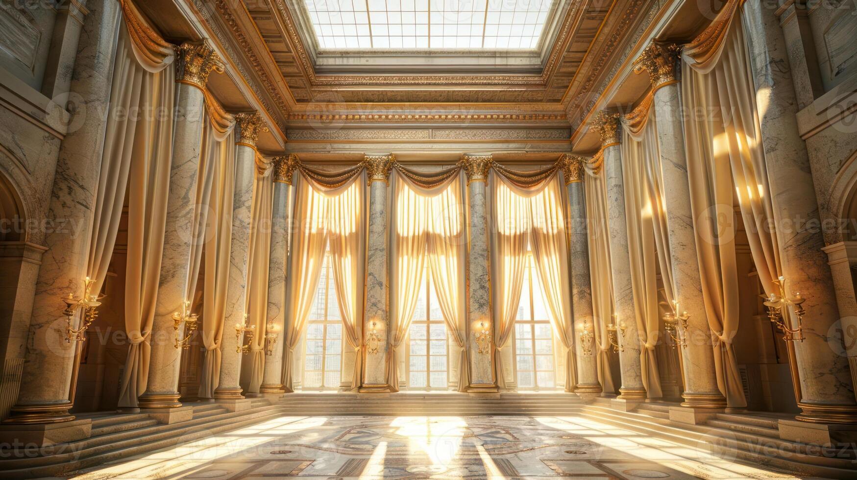 A grand hall with marble columns and golden accents, illuminated by sunlight streaming through large windows and a skylight. photo