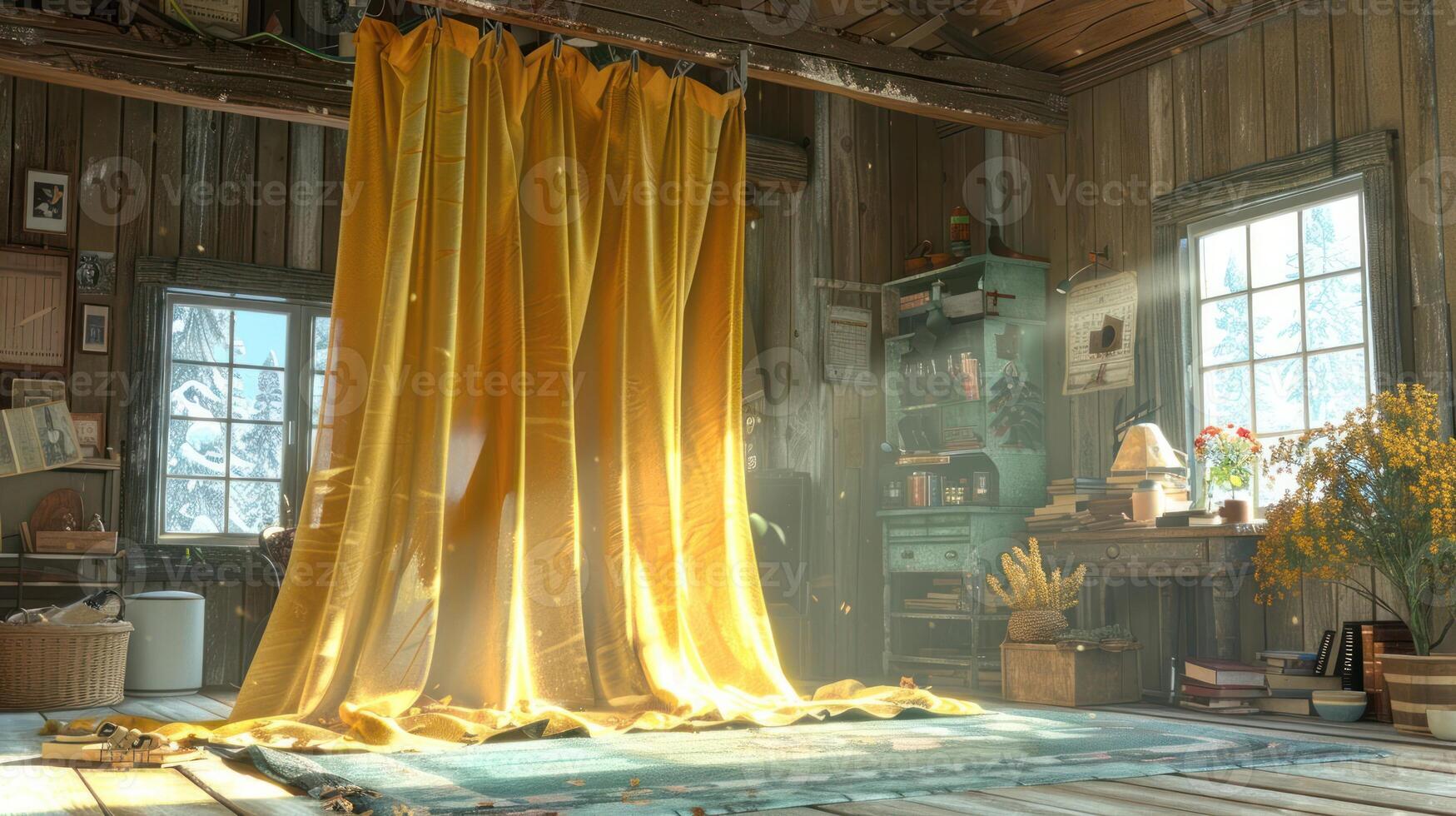 Sunlight streams through yellow curtains in a rustic cabin, illuminating the wooden floor and furniture. photo