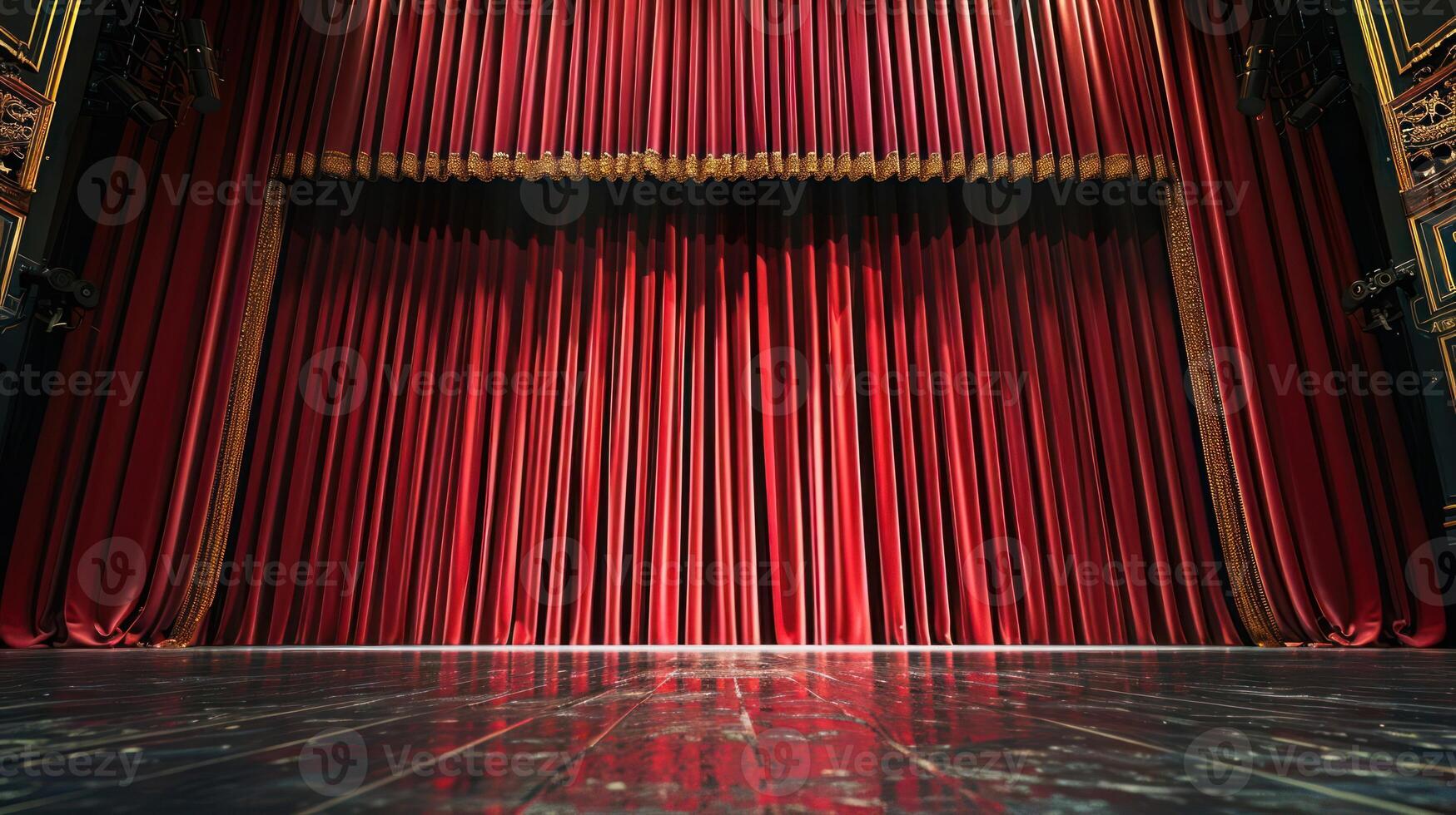 Red velvet theater curtains with a wooden stage floor. photo